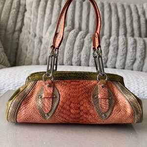 Cole Haan Trinity Python Print Satchel Bag Coral Olive Green Metallic SU05